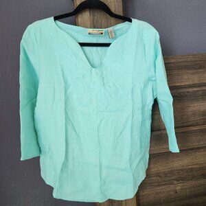 Sunset Cove Blouse Womens M 100% Linen Blue Embroidered Paisley Split Neck‎